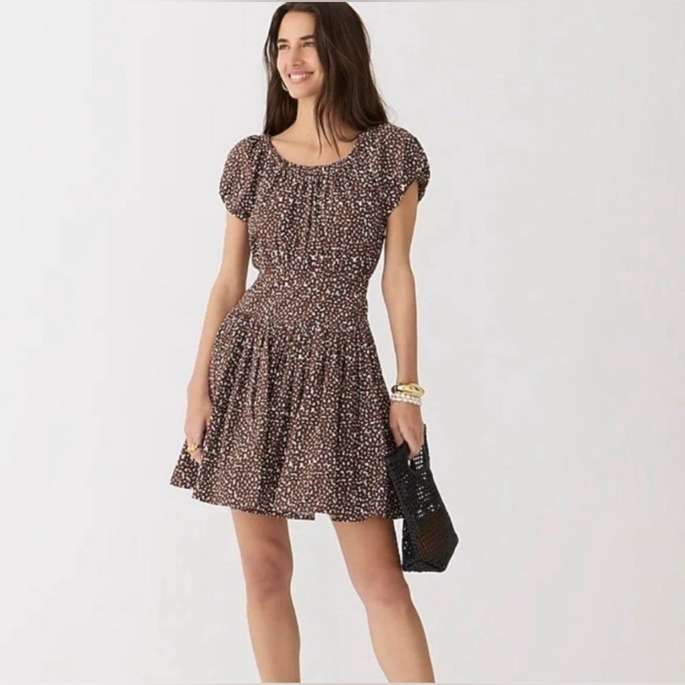 J. Crew Drop Waist Mini Dress Floral Mocha Short Puff Sleeves NWT 14